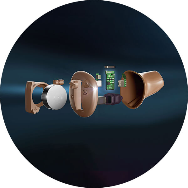 Skomplikowany mechanizm wewnętrzny aparatu słuchowego przedstawiający jego poszczególne elementy.