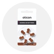 Baterie do aparatów słuchowych Oticon 312 na opakowaniu, widoczne na szarym tle.