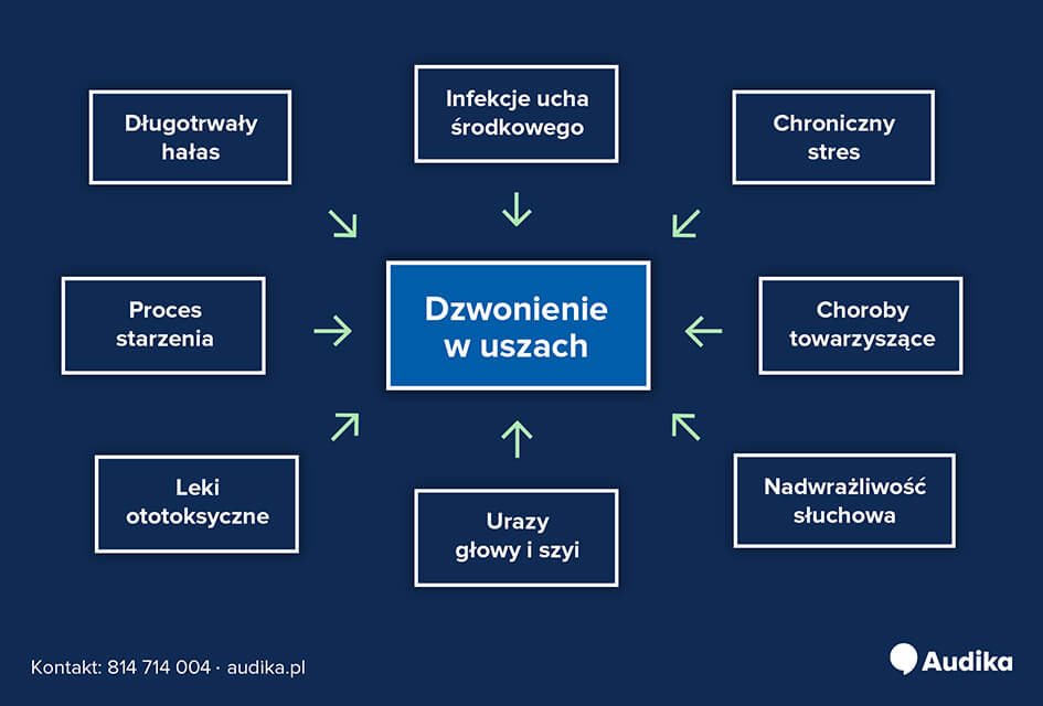 Infografika przedstawiająca przyczyny dzwonienia w uszach.