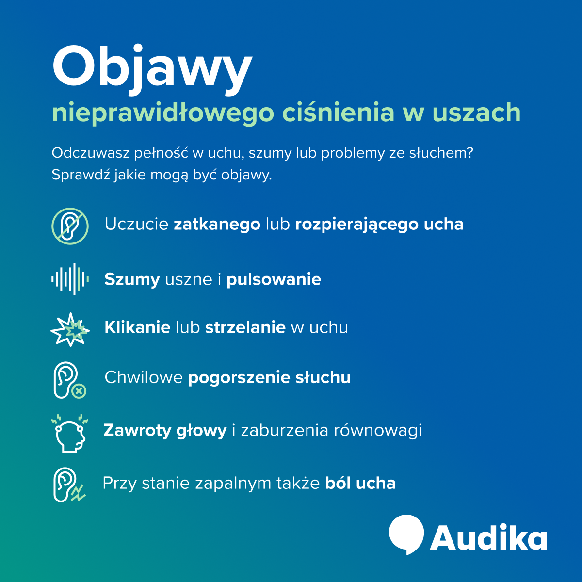 Infografika - objawy nieprawidłowego ciśnienia w uszach.