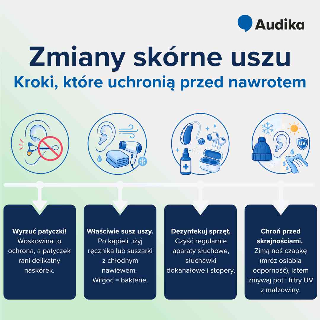 Infografika - zmiany skórne uszu. 