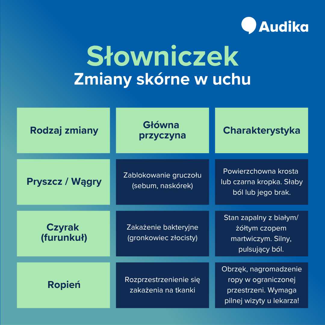 Infografika - słowniczek, zmiany skórne uszu. 