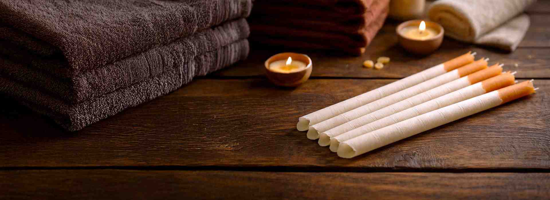 Świece i konchy do świecowania uszu leżące na drewnianym stole.