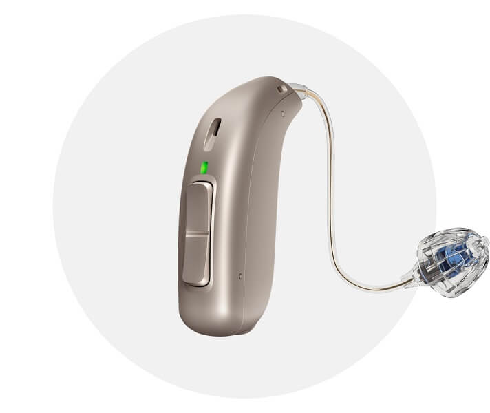 Aparat słuchowy zauszny Oticon Zircon™ miniRITE z wymiennym wkładem dousznym.