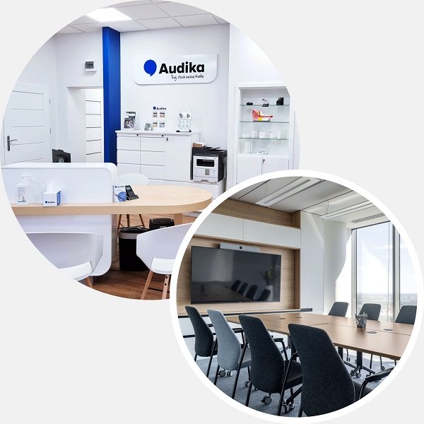 Centrum Słuchu Audika z przestrzenią obsługi klienta oraz nowoczesna sala konferencyjna w biurze w Warszawie.