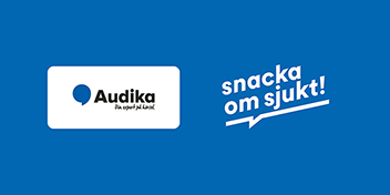 Bilden har vita företagslogotyper för Audika och Snacka om sjukt. Bilden har blå bakgrund.