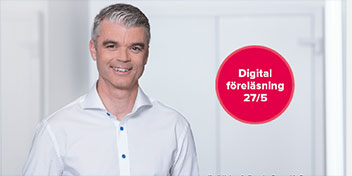  Henrik håller digital föreläsning med fokus på hörselvård under en mässa i Norrköping.