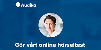  Kvinna och text 'gör vårt online hörseltest'.