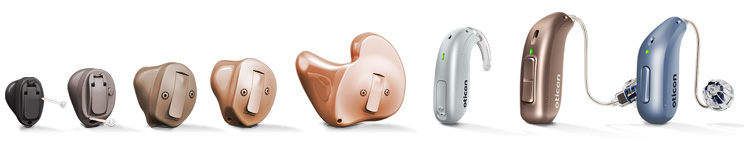 Bild på olika typer av hörapparater som du kan prova ut hos Audika