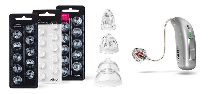Domer och tillbehör till hörapparater från Oticon, inklusive RITE-hörapparat och olika storlekar av domer