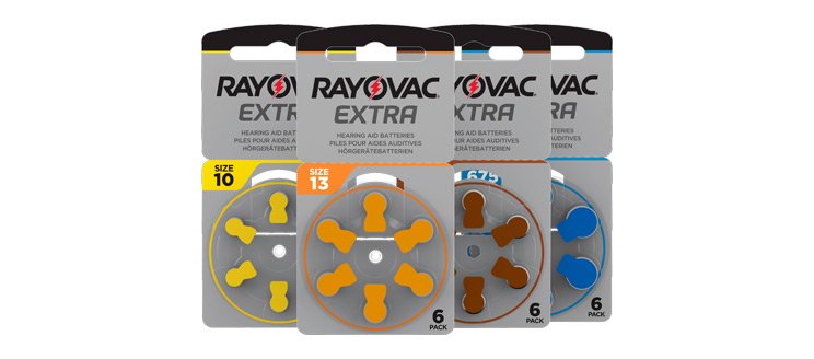 Hörapparatsbatterier från Rayovac i olika storlekar som tillbehör till hörapparater