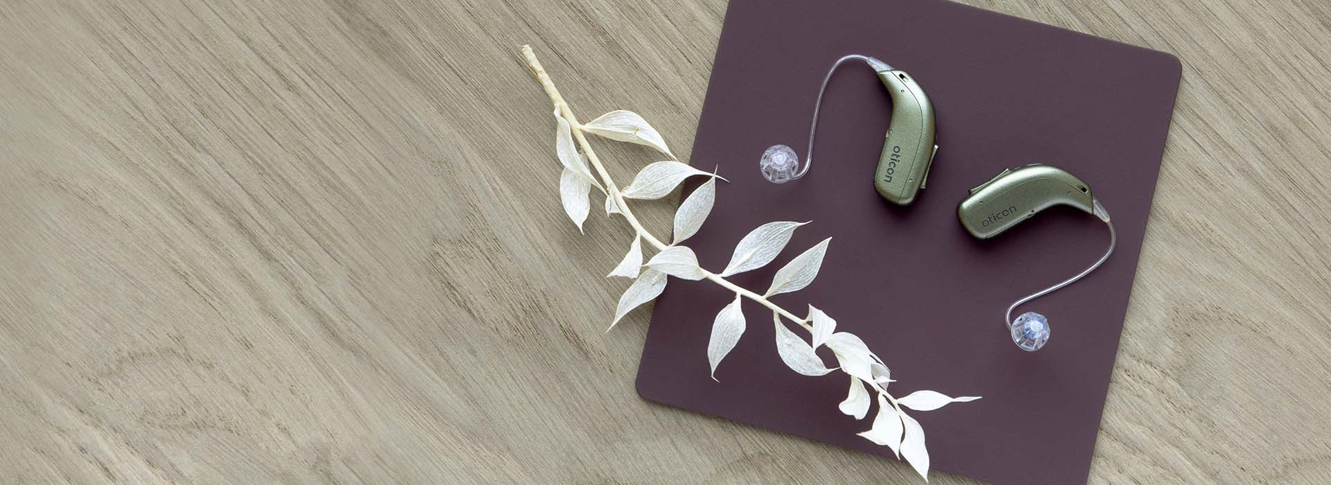  Hörapparater från Oticon placerade på en mörklila platta med en dekorativ vit kvist, tillgängliga hos Audika.