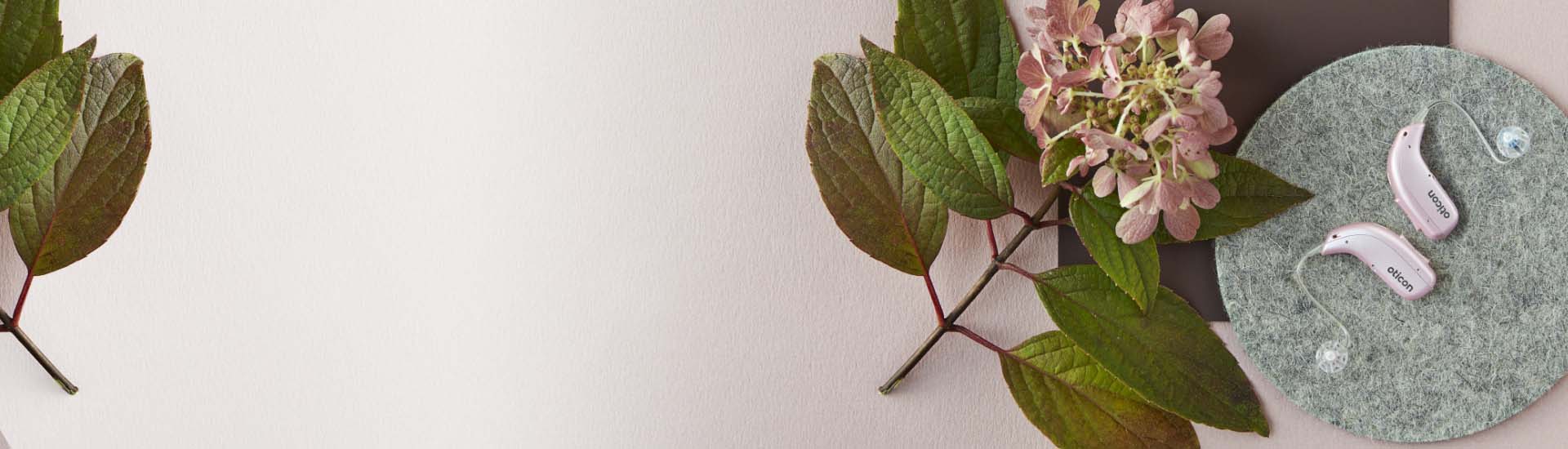  Hörapparater från Oticon placerade på en filtduk bredvid gröna blad och rosa blommor.
