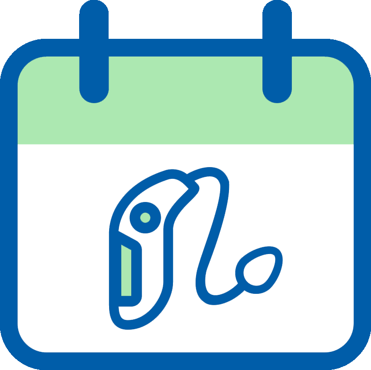 Bild på en ikon med en kalender som har en hörapparat i sig