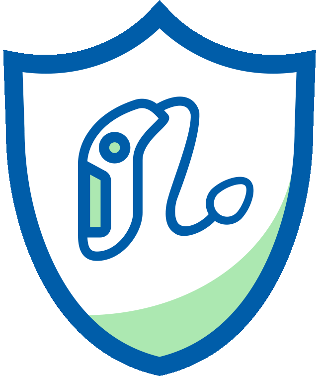 Bild en ikon av en sköld med en hörapparat i sig