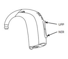  Illustration av hur man justerar volymen på en hörapparat med upp- och ner-knappar.