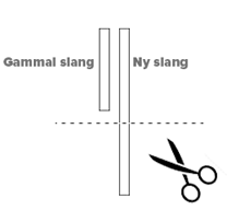  Två ljudslangar, märkta som gammal och ny, samt en sax redo att klippa den nya slangen.