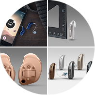  4 bilder av hörapparater och tillbehör, inklusive en telefon, linjal och olika typer av hörapparater. Utforska olika alternativ för att hitta den hörapparat som passar bäst för dina behov.