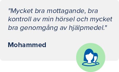  Citat från en nöjd kund hos Audika som berömmer mottagandet, hörselkontrollen och genomgången av hjälpmedel.