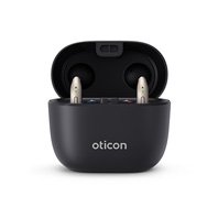  Reseladdare för Oticon Intent hörapparater med plats för två hörapparater, designad för enkel användning under resa.