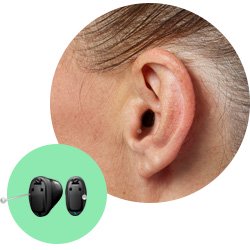  Ett nära foto av ett öra med en diskret hörselapparat placerad i hörselgången. I det gröna infällda området visas två avancerade Oticon-hörselapparater i detalj.