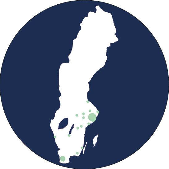 Bild på en karta över sverige med punkter där Audikas hörselkliniker ligger