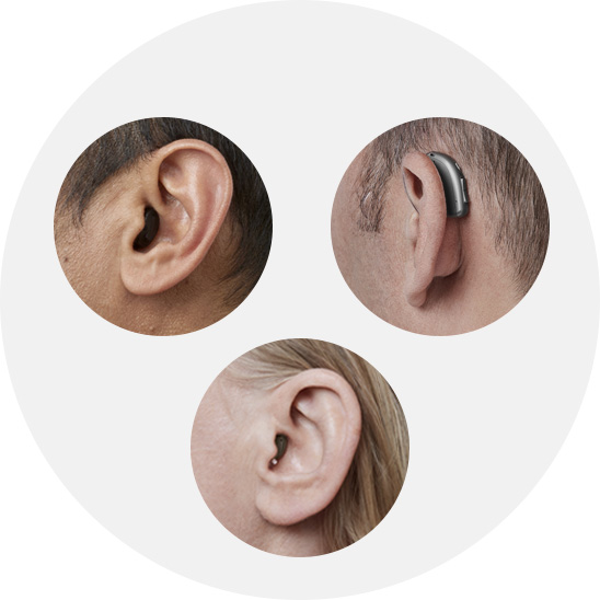 Olika typer av hörapparater som sitter både i och bakom örat