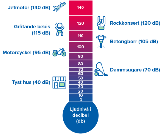  Diagram över decibelnivåer i olika ljudmiljöer, från jetmotor på 140 dB till tyst hus på 40 dB, med fokus på att förebygga hörselnedsättning.