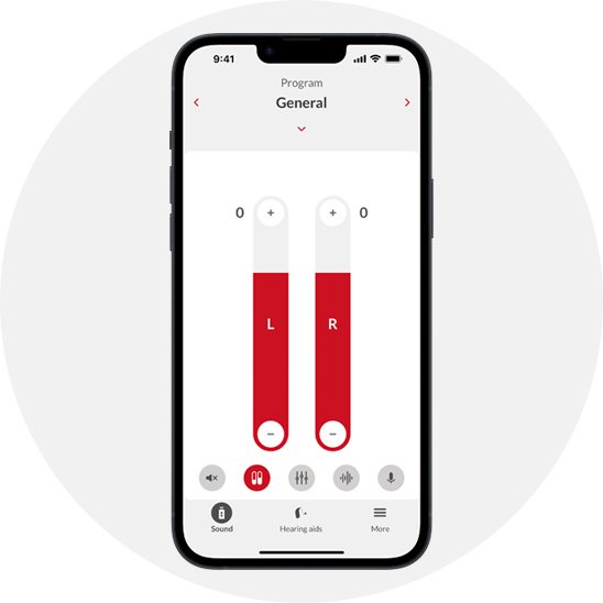  Bernafon-appen visar justeringsreglage för hörapparatens ljudnivå för vänster och höger öra.