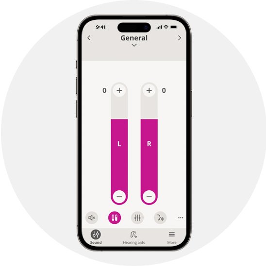  Oticon Companion-appens gränssnitt för ljudinställningar med reglage för vänster och höger hörapparat.