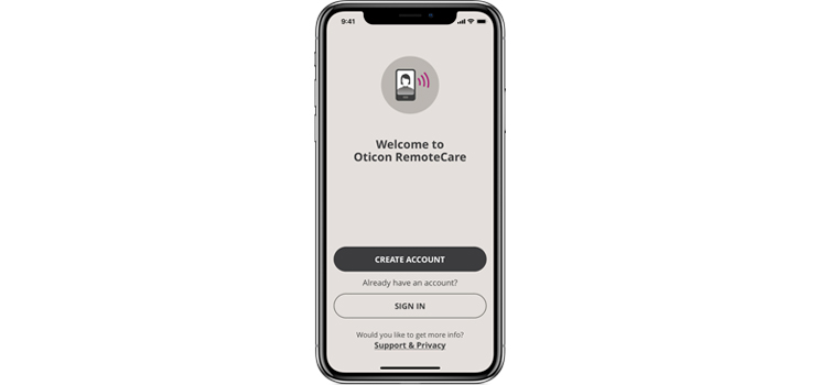Oticon RemoteCare app interface on iPhone, featuring account creation and sign-in options.