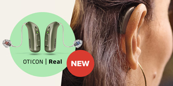 Oticon Real hearing aids with close-up view of a person wearing one, showcasing modern design and advanced features.