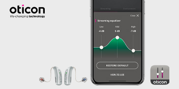Bluetooth-connected hearing aids with Oticon streaming equalizer displayed on a smartphone screen.