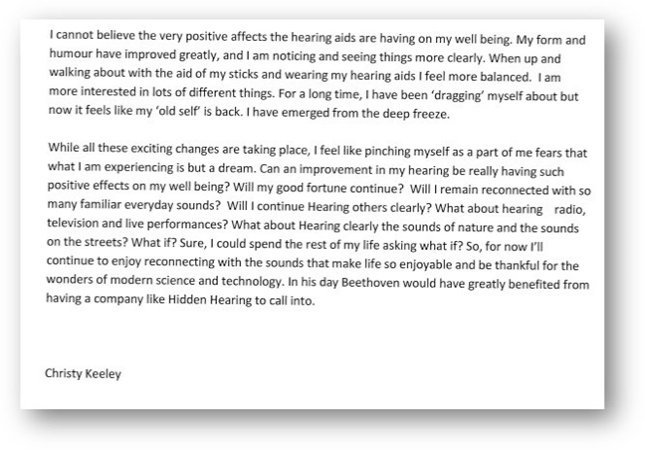 A testimonial from Christy Keeley highlights the transformative impact of hearing aids, provided by Hidden Hearing, on their well-being. They describe improved hearing, balance, and reconnection with everyday sounds, expressing gratitude for modern audiology advancements.