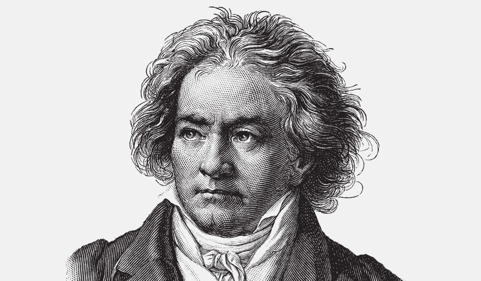 Beethoven illustration with blurred face, symbolizing hearing loss considerations.