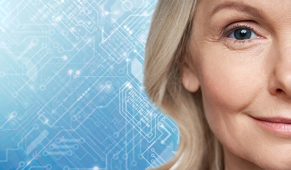 [OPT] smiling woman with blonde hair in front of a blue digital circuit background