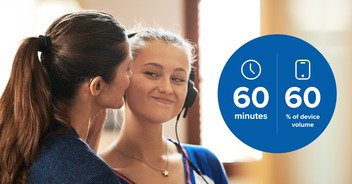 A woman wearing headphones listens intently as another woman speaks beside her in a well-lit room. A blue circular graphic displays: '60 minutes' with a clock icon and '60% of device volume' with a device icon. The visual highlights safe listening practices and hearing health awareness.