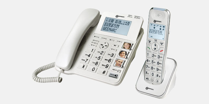 [GEN] A GEEMARC amplified landline phone pairing a corded base unit with large buttons, photo memory keys, and screen display with a cordless handset on a docking station, designed for easy use.