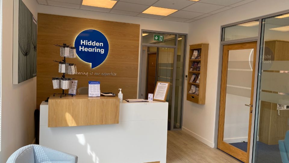Interior photograph of the reception area in the Hidden Hearing Ballyhackamore clinic 