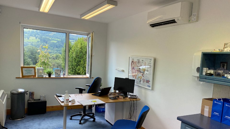 A tidy hearing clinic office with a desk featuring a computer, sanitizer, and patient files. A window overlooks a lush, green countryside. A hearing anatomy chart hangs on the wall.