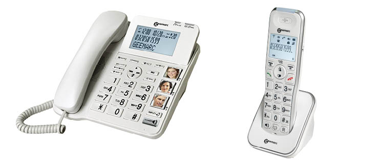 A white amplified corded phone with large buttons, photo speed-dial options, and an LCD display, alongside a matching cordless handset on a docking base, branded 'Geemarc,' ideal for hearing-impaired users.