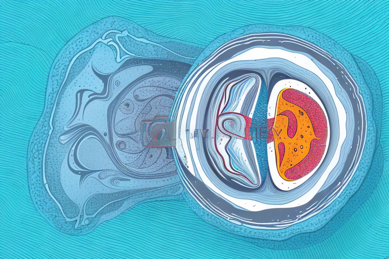 A stylized cross-sectional diagram of the inner ear highlights intricate anatomical details, including the cochlea and semicircular canals. Vibrant blue, orange, and red hues illustrate structural complexity in a scientific context. No text is visible.