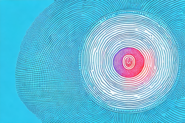 A stylized circular pattern featuring concentric blue and red rings, resembling a soundwave or ear visualization, set against a bright blue background. No text or hearing aid brands are present.