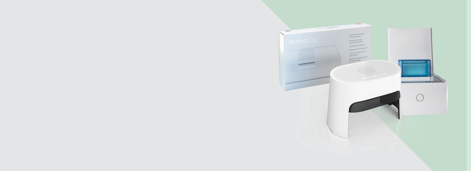 PerfectClean, PerfectDry, and Flowmed hearing aid cleaning and drying systems placed against a light gray and green background.