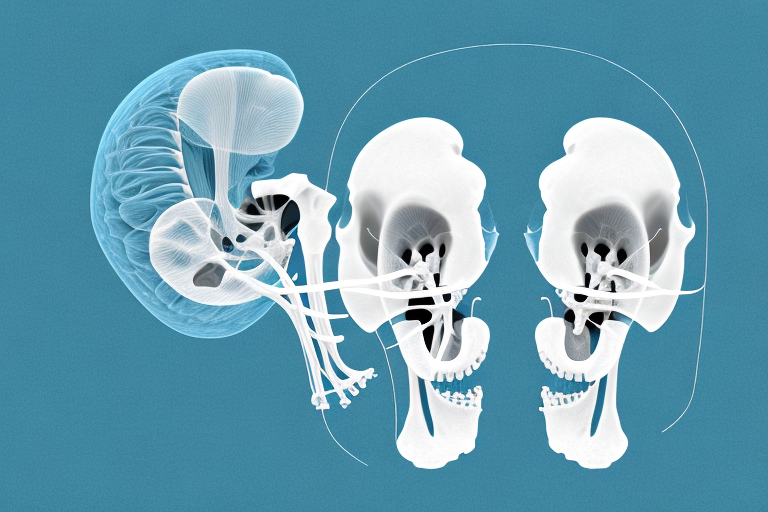 A 3D anatomical illustration depicts the auditory system, highlighting the inner ear, nerve pathways, and brain structures on a blue background, with no text present. Perfect for hearing clinic education.
