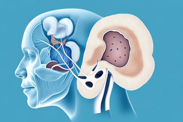 A detailed medical illustration of the inner ear shows the cochlea, auditory nerve, and neighboring structures. The context uses a blue background, emphasizing hearing-related anatomy for educational purposes. No text is visible.