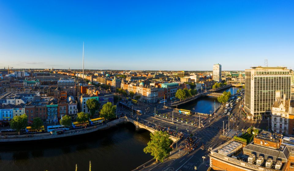 An aerial picture of Dublin city centre featuring the area around the O'Connell Bridge