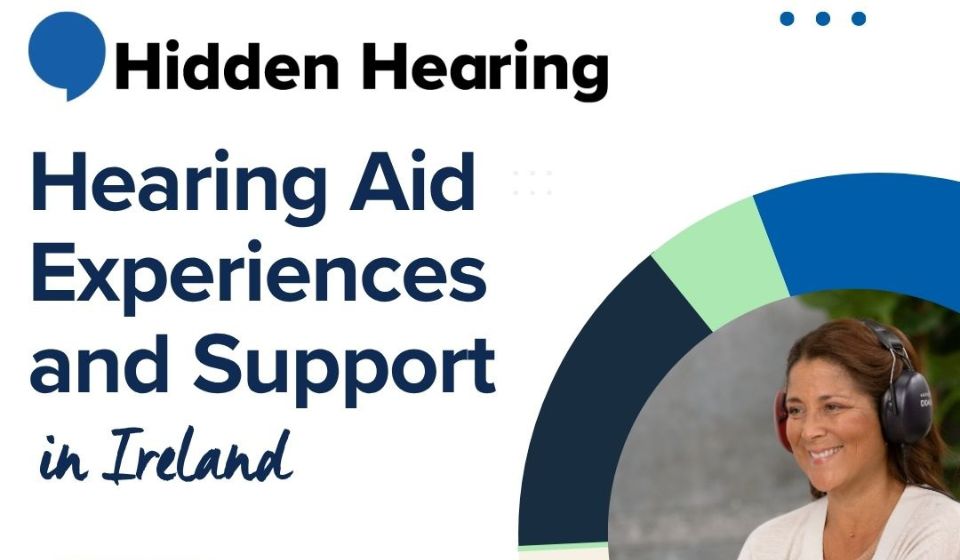 A graphic by Hidden Hearing that depicts hearing aid experiences and support in Ireland while a woman with headphones on conducts a hearing test