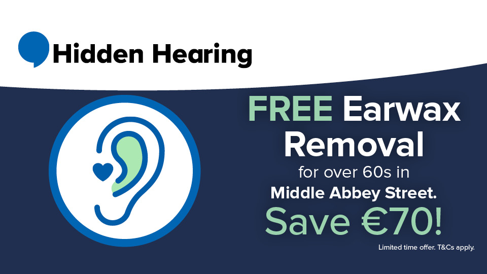 A graphic depicting that there is Free Earwax Removal for over 60 year olds in Hidden Hearing Dublin City on Abbey Street
