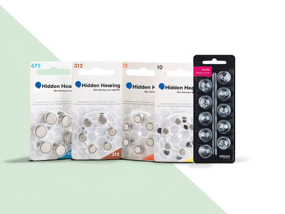 Hearing aid batteries in various sizes, including 675, 312, 13, and 10, packaged under Hidden Hearing and Oticon branding.